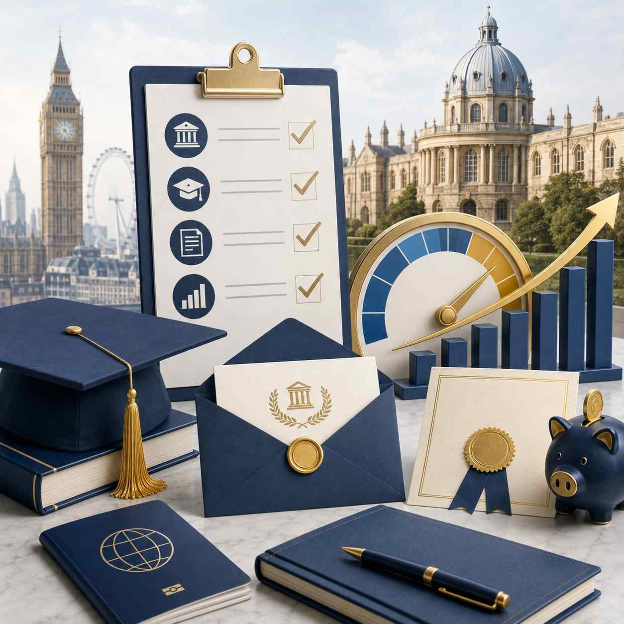 Visual of IELTS score impact on UK MBA admissions and scholarships using university, score, offer letter and funding symbols.
